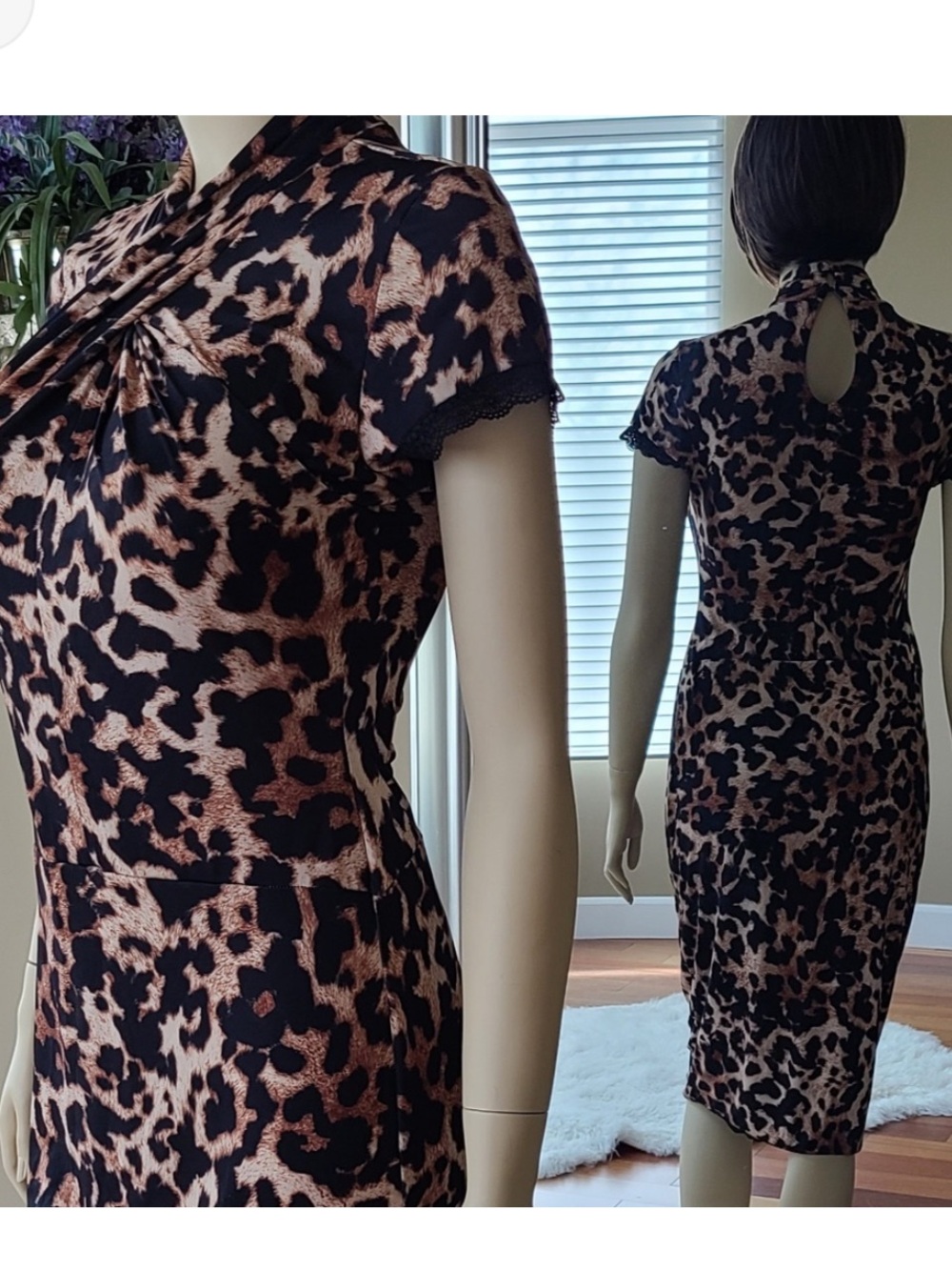 Leopard Print Short Sleeve Midi Dress - Brown & Black